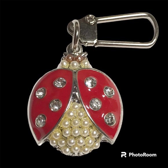 Red Ladybug Keychain Zipper Pull Purse Charm Backpack Pearl Crystal Enamel - Picture 1 of 8